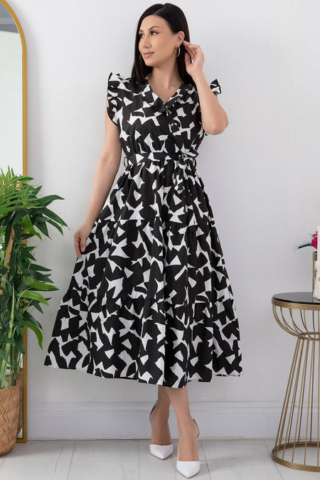 Pimu V-Neck Maxi Dress with Graphic Print-Black
