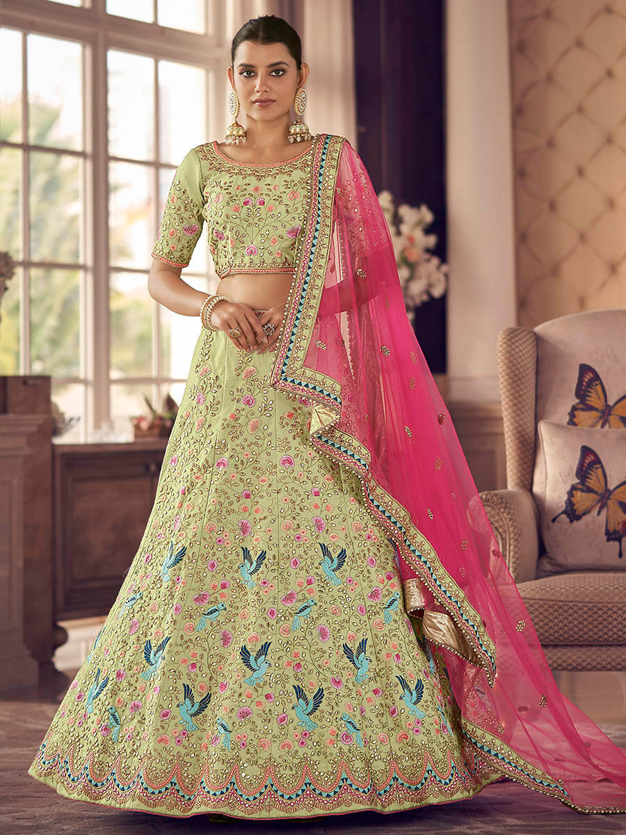 Myra Pista Green Art Silk Heavy Embroidered Lehenga