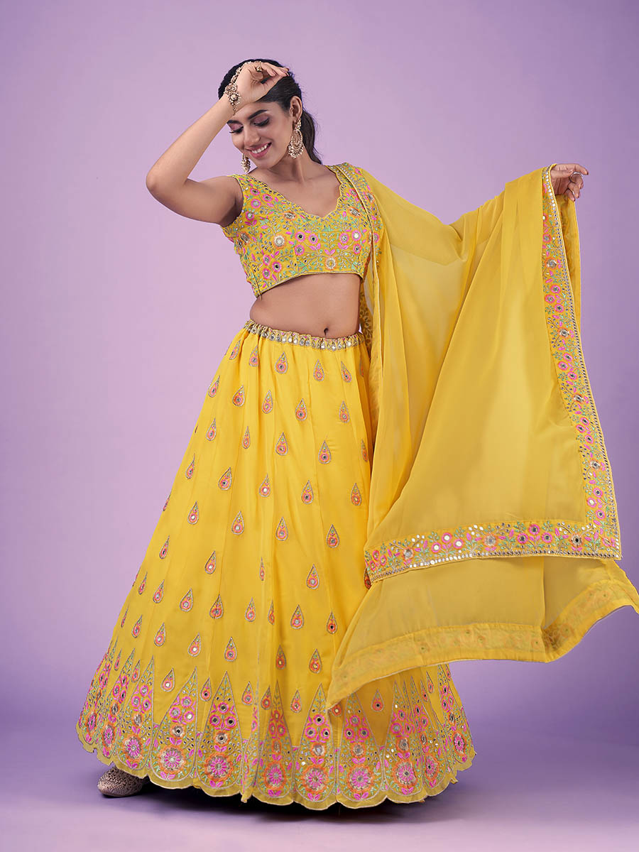 Myra Yellow Georgette Embroidered Designer Lehenga
