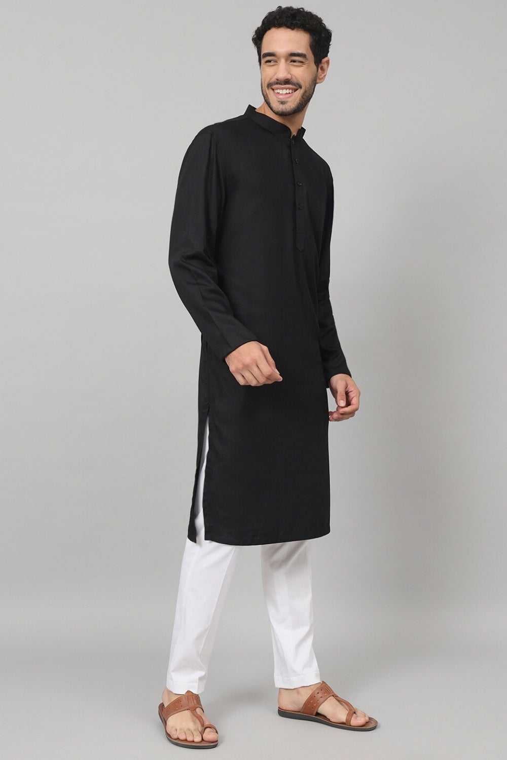 Giza Cotton Black Plain Kurta by Hilo Design
