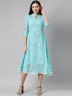 Souchii Blue Floral Chiffon A-Line Midi Dress - Distacart