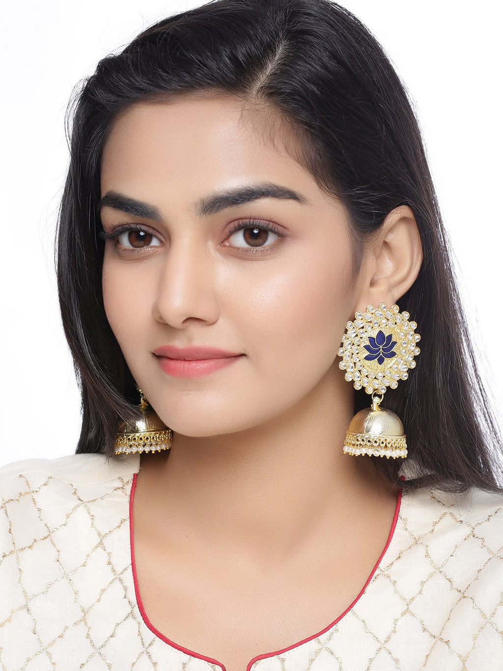 Shoshaa Gold-Plated Navy Blue Kundan-Studded Classic Jhumkas - Distacart