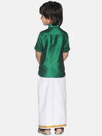 Sethukrishna Boys Green & White Solid Shirt and Dhoti Set