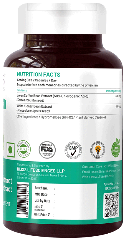 Bliss Welness Weight Management Carb Controller Green Coffee Bean Extract Veg Capsule