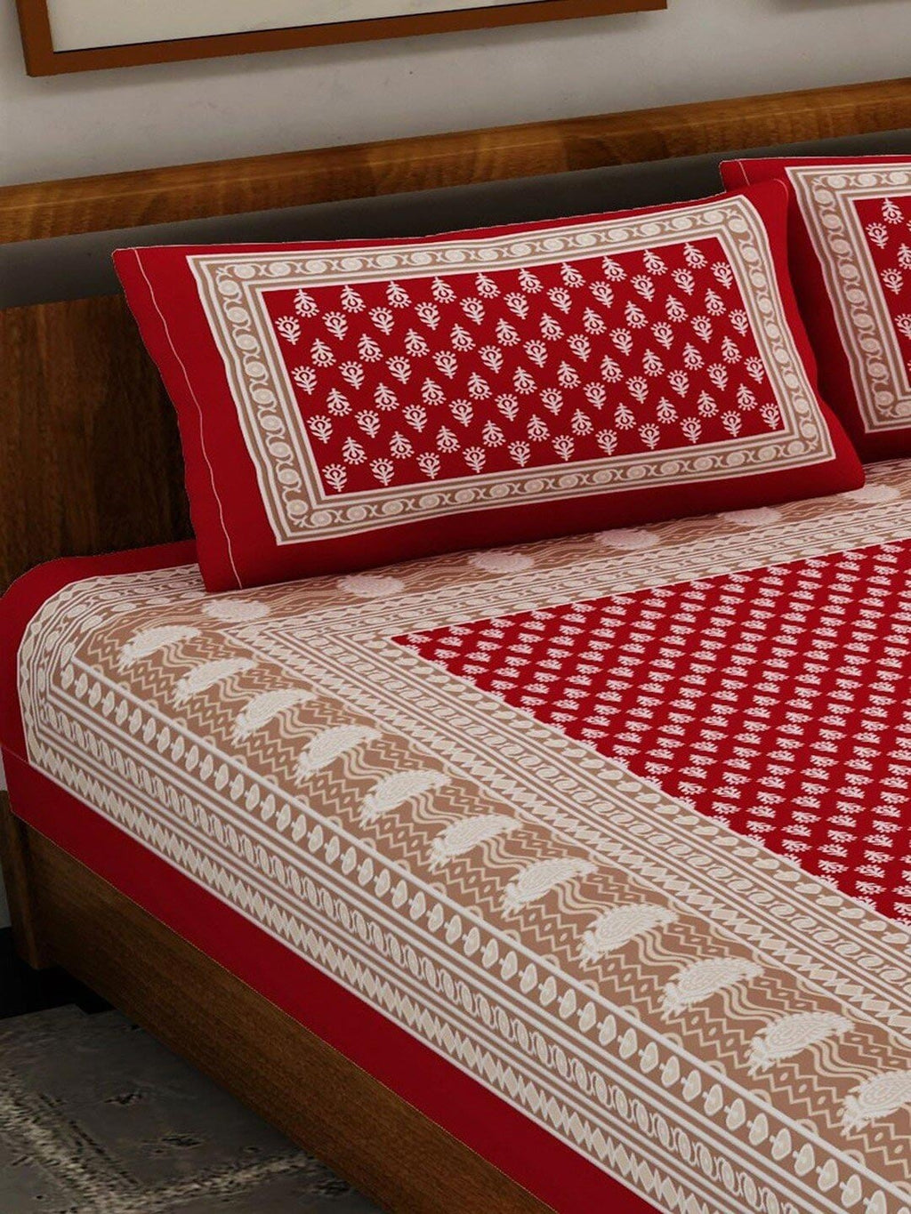 UNIQCHOICE Red & White Ethnic Motifs Pure Cotton 120 TC Queen Bedsheet & 2 Pillow Covers