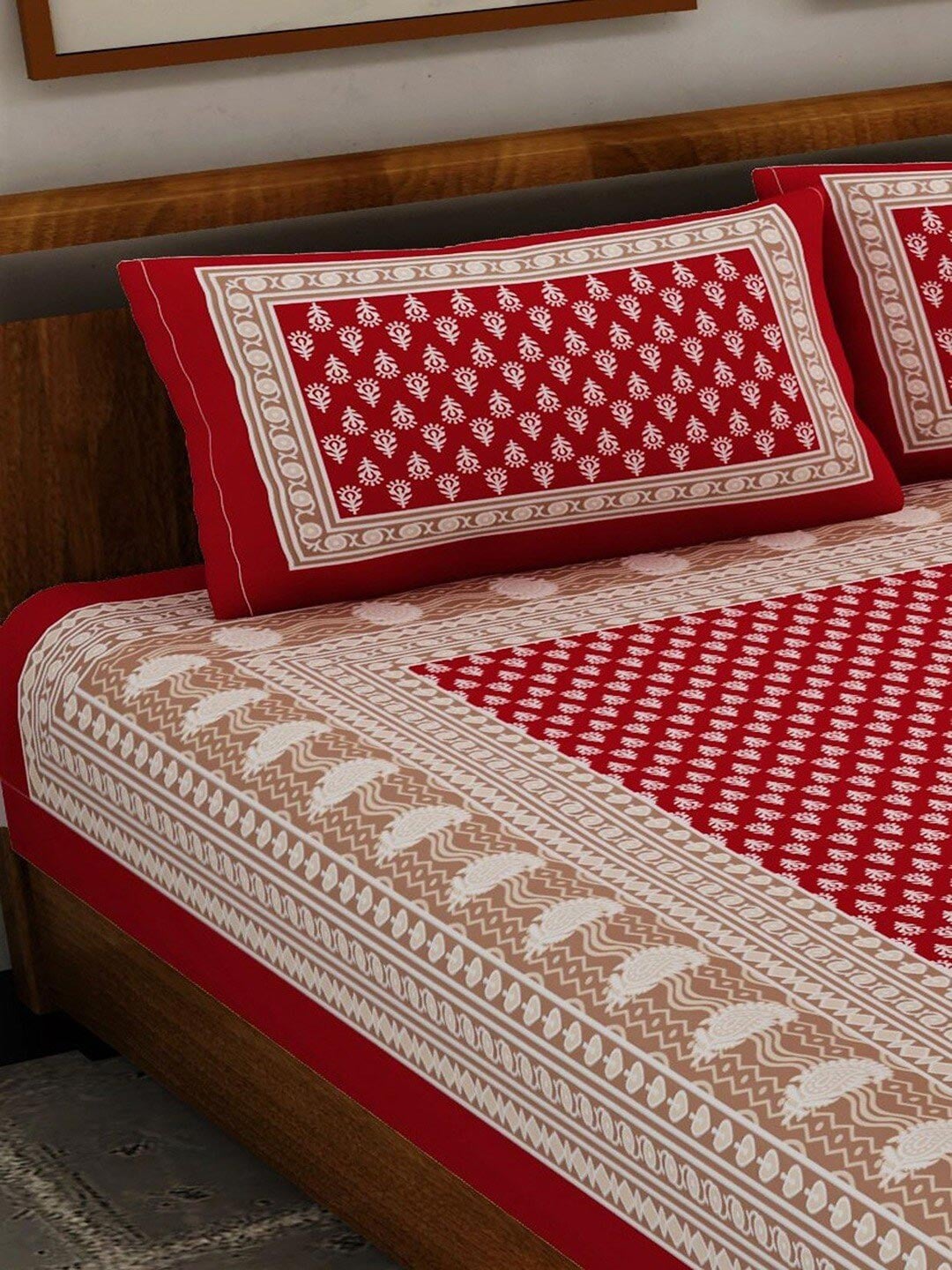 UNIQCHOICE Red & White Ethnic Motifs Pure Cotton 120 TC Queen Bedsheet & 2 Pillow Covers