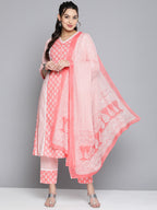 HERE&NOW Women Pink Floral Printed Pure Cotton Kurta with Palazzos & With Dupatta
