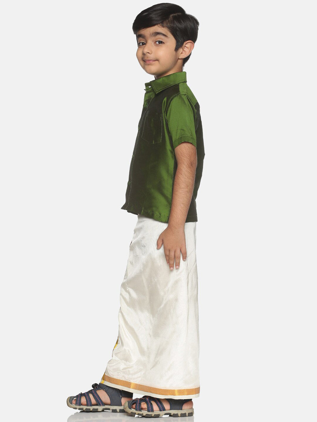 Sethukrishna Olive Green & White Solid Shirt and Veshti Set For Boys