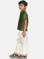 Sethukrishna Olive Green & White Solid Shirt and Veshti Set For Boys