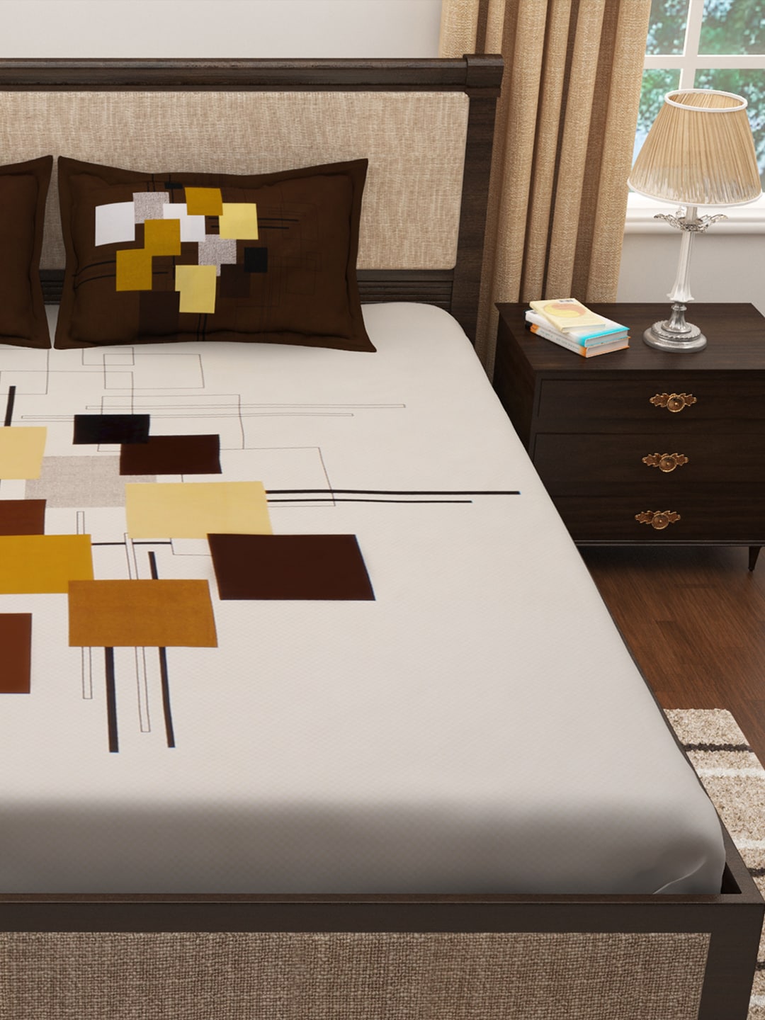 Story@home Cream-Coloured & Brown Abstract 300 TC Cotton 1 King Bedsheet with 2 Pillow Covers - Distacart