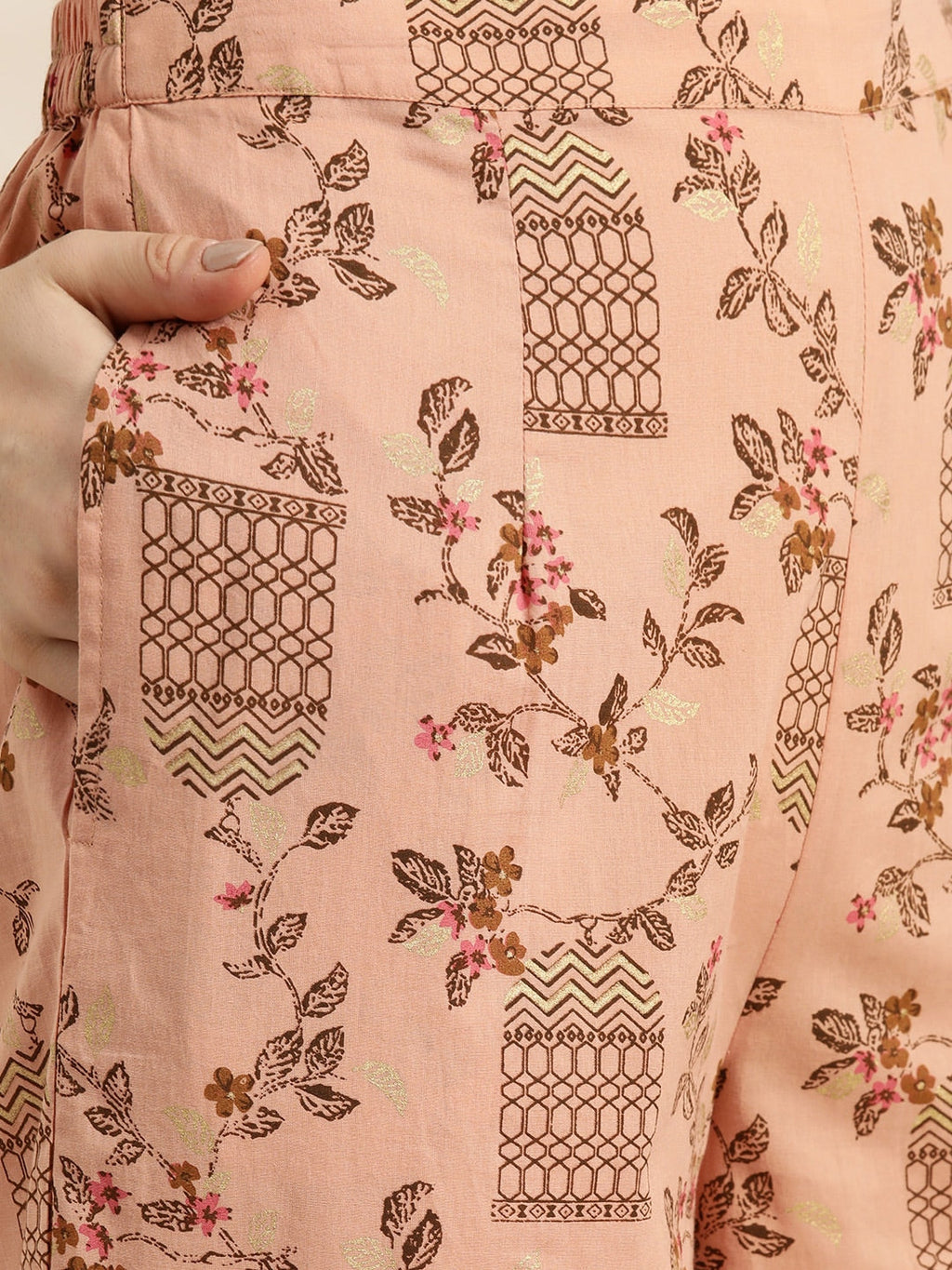 Sangria Women Dusty Pink & Brown Pure Cotton Printed Kurta with Palazzos & Dupatta