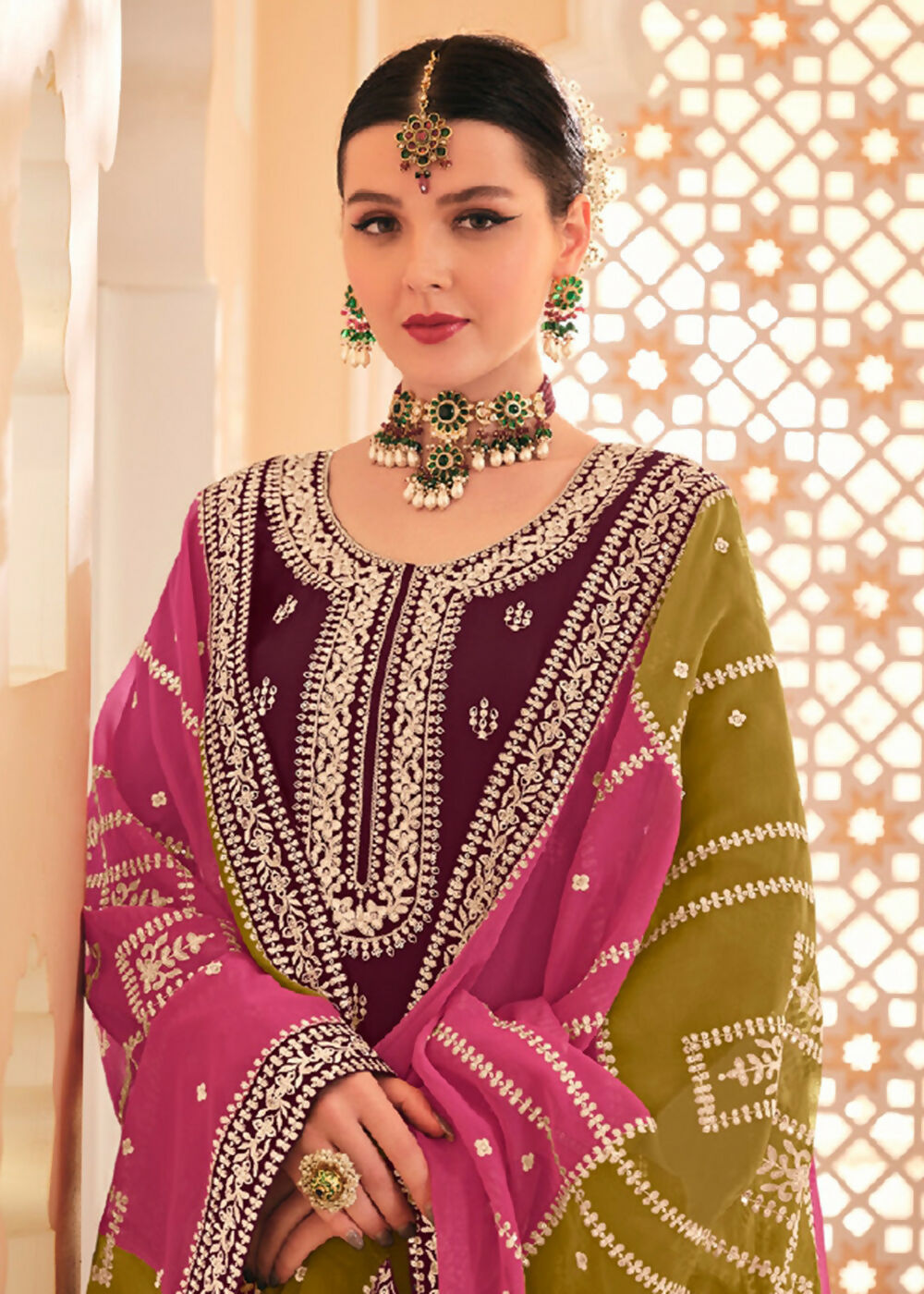 Dazzling Wine Embroidered Chinnon Palazzo Salwar Kurta - Emponline