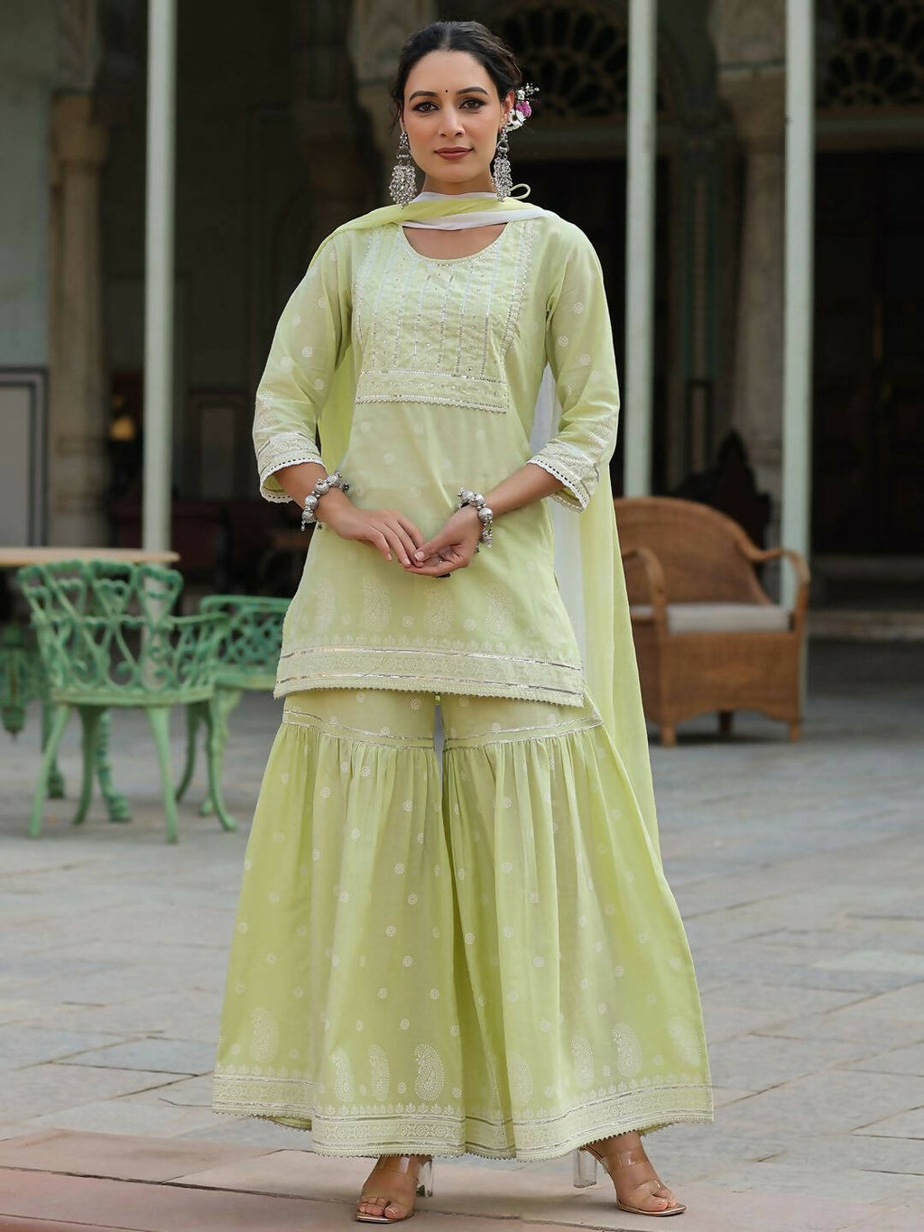 Juniper Women's Lime Green Cambric Floral Print Kurta Sharara Sets - Distacart