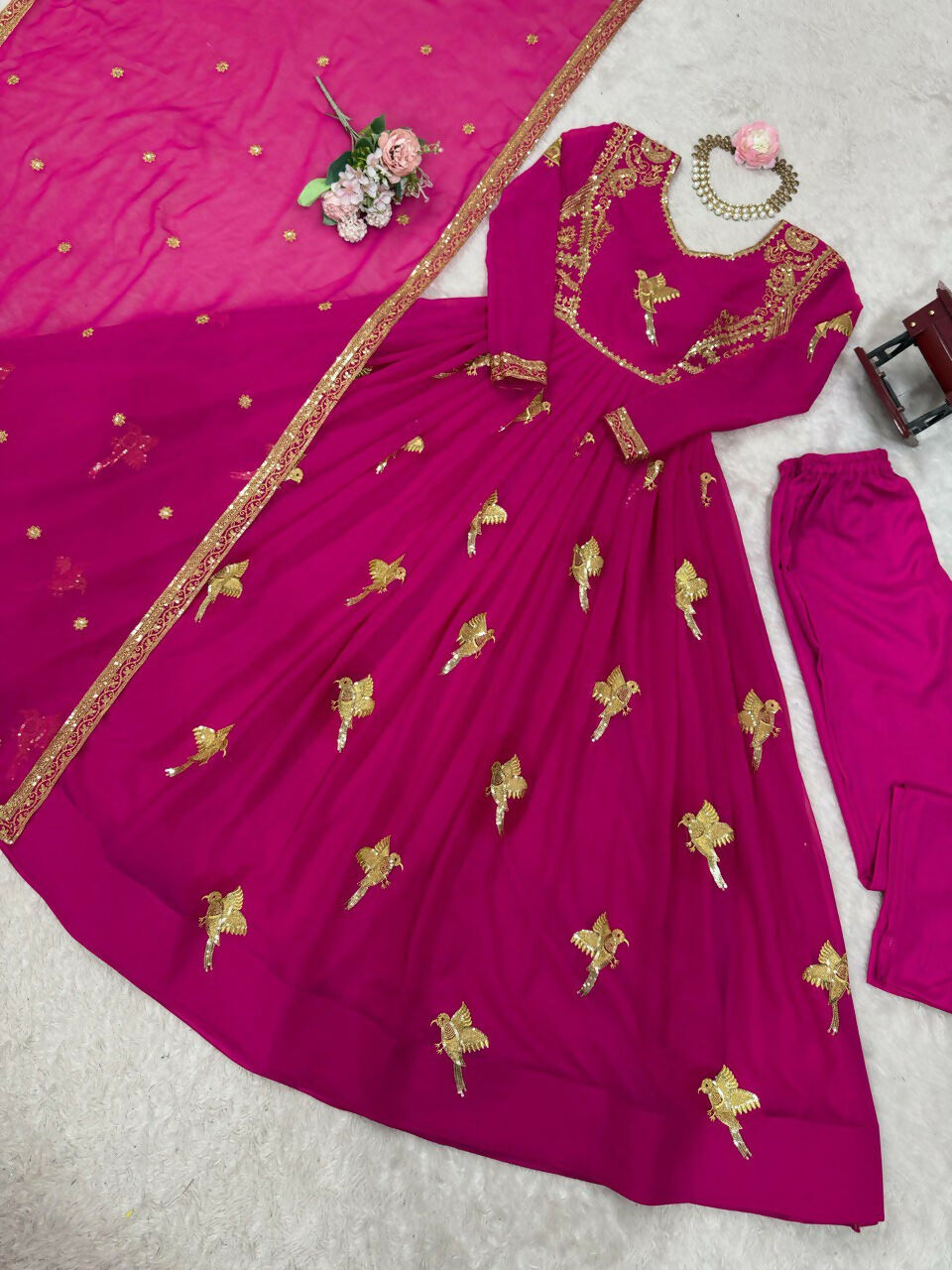 The52 Women's Gorgeous Faux Georgette Fabric Embroidery Work Flared Anarkali Pant and Dupatta Set - Distacart