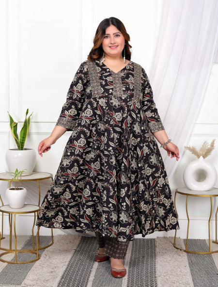 Miravan Women's Plus Size Yoke Embroidery Multi Anarkali Kurta and Palazzo Set