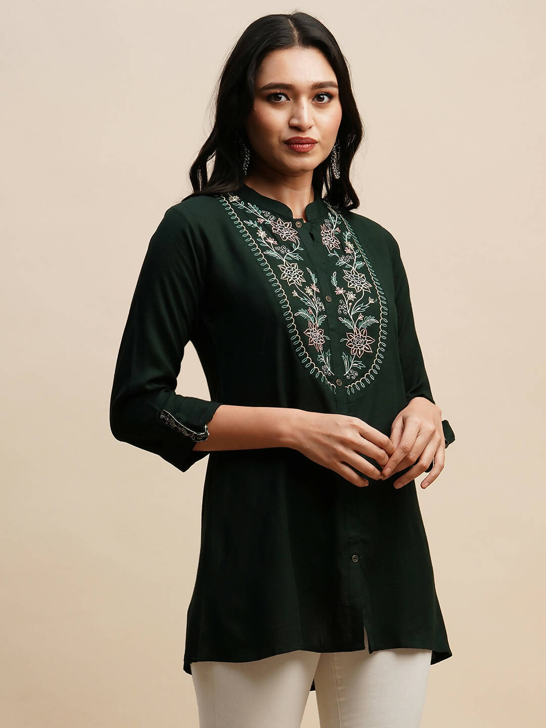 Dark Green Rayon Embroidered Top - Tarini