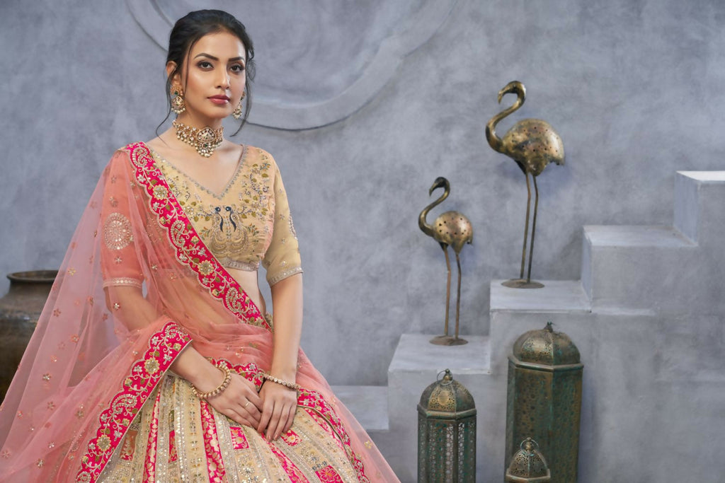 Kesar Fab Chiku Organza Embroidered Lehenga
