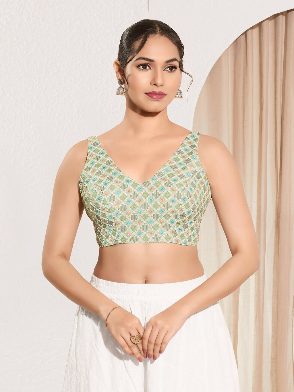 Joban Fashion Pista Green Jacquard Padded Blouse With V Neck Sleeveless - Distacart