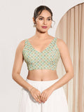 Joban Fashion Pista Green Jacquard Padded Blouse With V Neck Sleeveless - Distacart