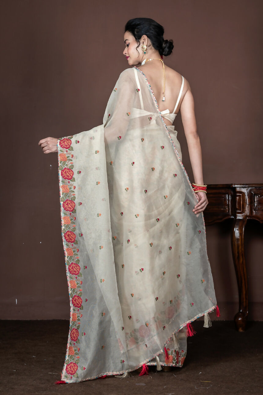 Morchari Beige Supernet Cross Embroidery Saree Unstitched Blouse - Distacart