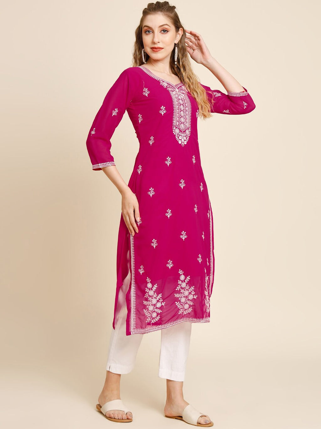 HERE&NOW Ethnic Motifs Embroidered Thread Work Georgette Kurta