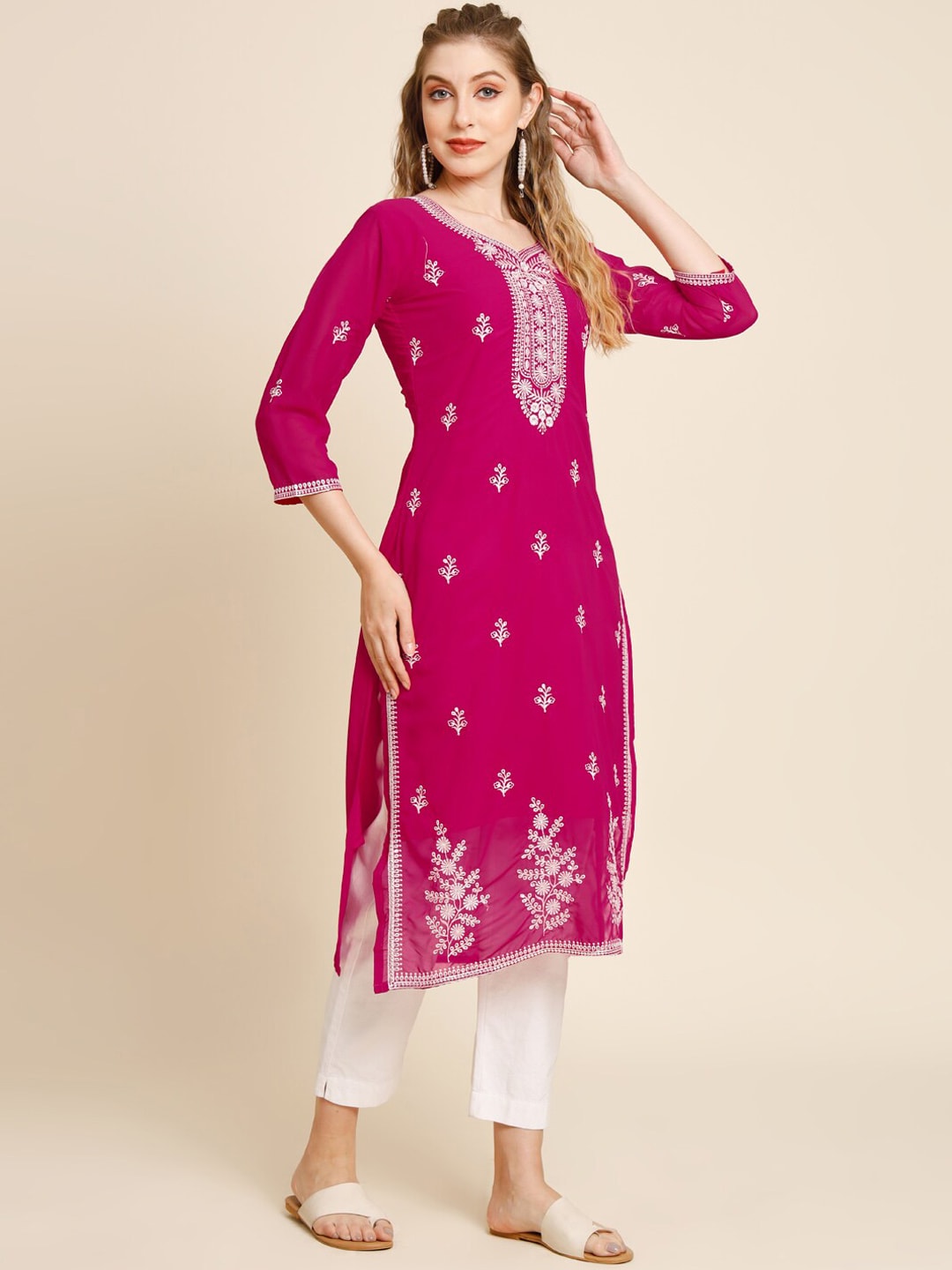 HERE&NOW Ethnic Motifs Embroidered Thread Work Georgette Kurta