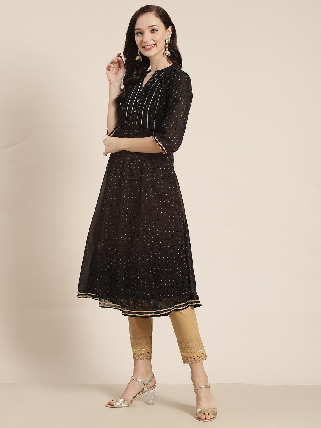 Juniper Womens Black Georgette Printed Pintucks A-Line Kurta - Distacart