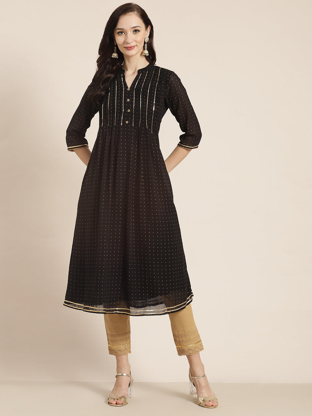 Juniper Womens Black Georgette Printed Pintucks A-Line Kurta - Distacart
