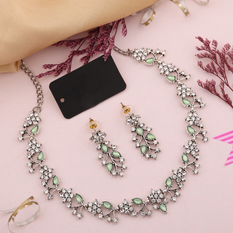 Tehzeeb Creations Silver Pleated White Diamond With Sea Green Beads Necklace Set