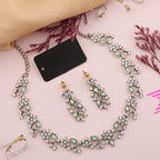 Tehzeeb Creations Silver Pleated White Diamond With Sea Green Beads Necklace Set