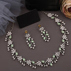 Tehzeeb Creations Silver Pleated White Diamond With Sea Green Beads Necklace Set