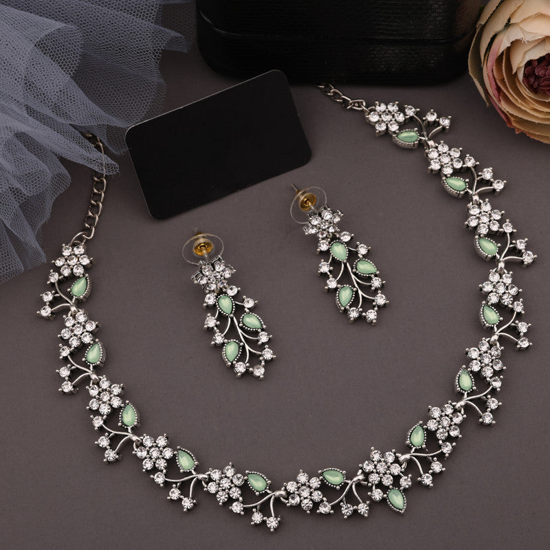 Tehzeeb Creations Silver Pleated White Diamond With Sea Green Beads Necklace Set