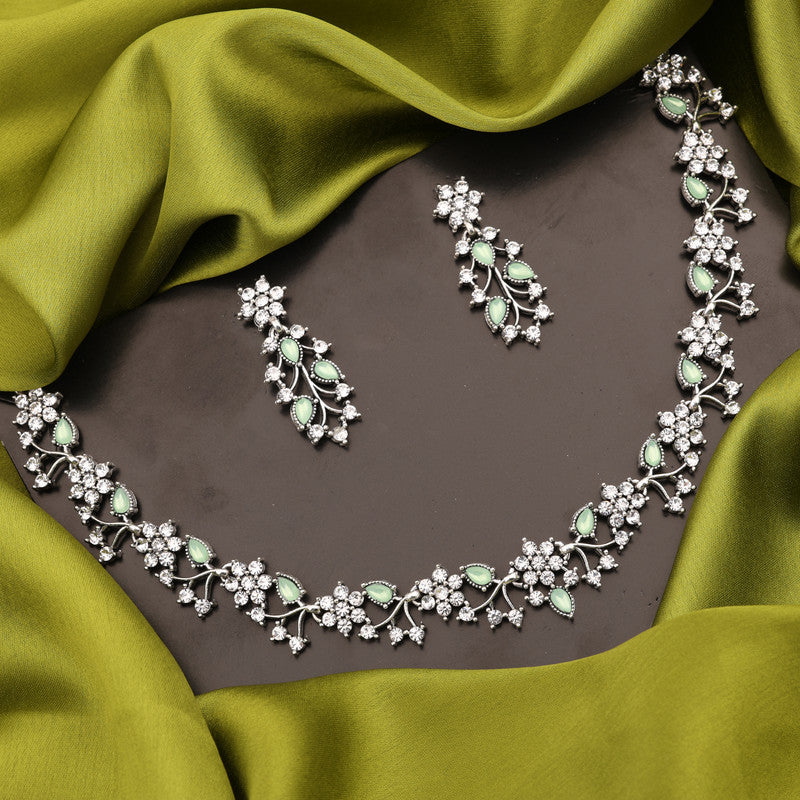 Tehzeeb Creations Silver Pleated White Diamond With Sea Green Beads Necklace Set