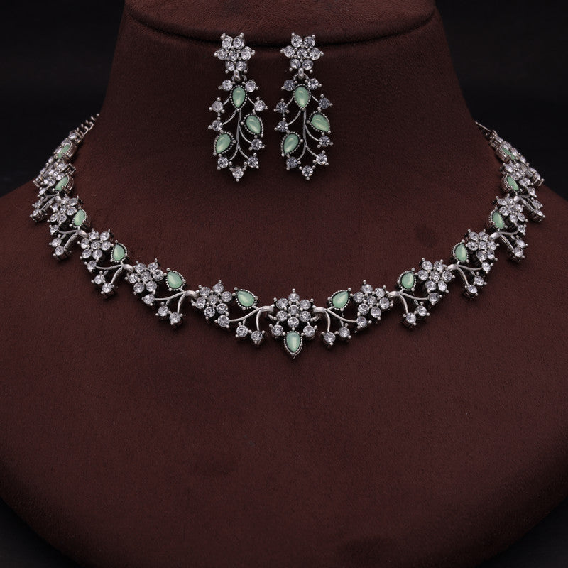 Tehzeeb Creations Silver Pleated White Diamond With Sea Green Beads Necklace Set