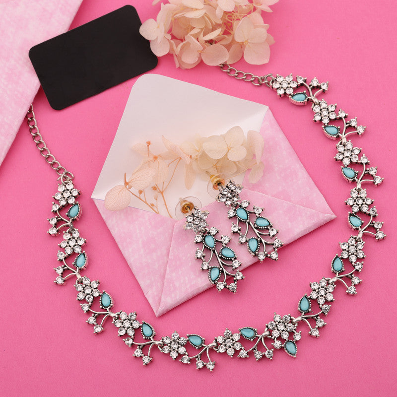 Tehzeeb Creations Silver Pleated White Diamond With Sky Blue Beads Necklace Set