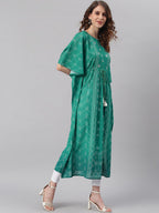 Janasya Green Ethnic Motifs Printed Keyhole Neck Flared Sleeves Georgette Kaftan Kurta - Distacart