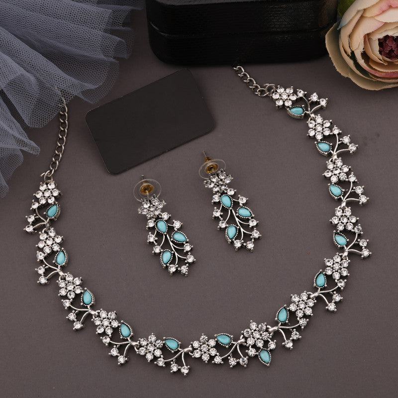 Tehzeeb Creations Silver Pleated White Diamond With Sky Blue Beads Necklace Set