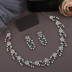 Tehzeeb Creations Silver Pleated White Diamond With Sky Blue Beads Necklace Set