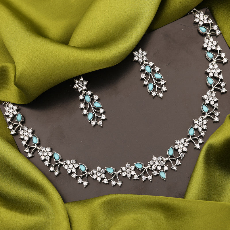 Tehzeeb Creations Silver Pleated White Diamond With Sky Blue Beads Necklace Set