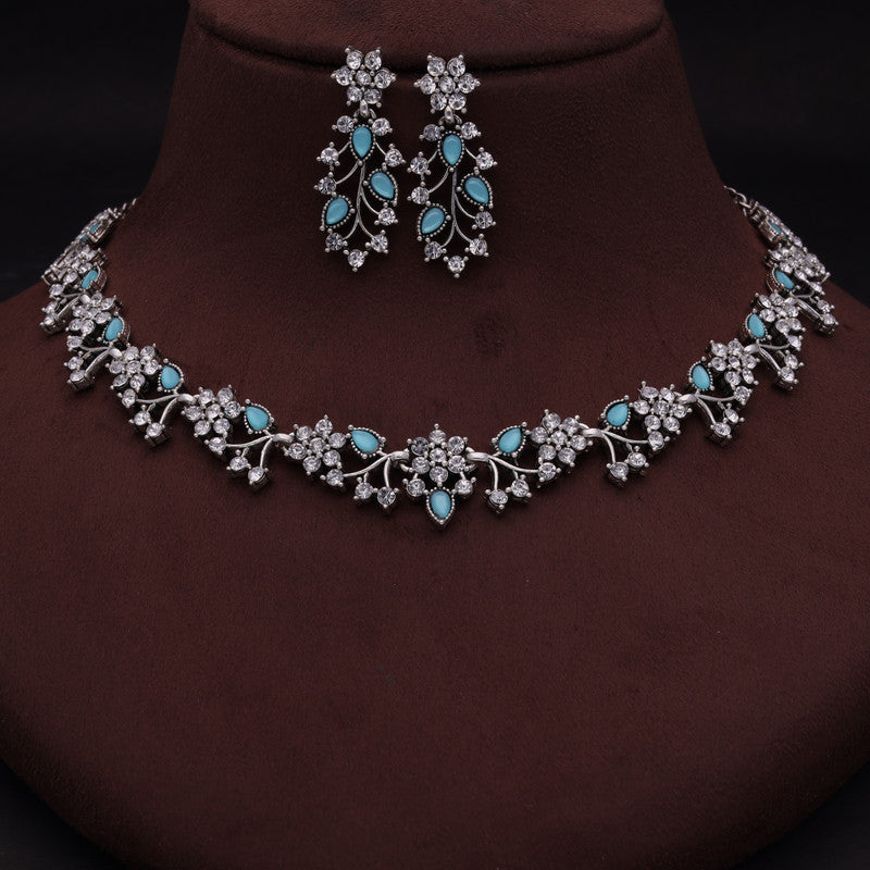 Tehzeeb Creations Silver Pleated White Diamond With Sky Blue Beads Necklace Set