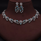 Tehzeeb Creations Silver Pleated White Diamond With Sky Blue Beads Necklace Set