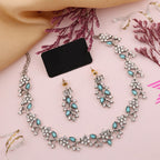 Tehzeeb Creations Silver Pleated White Diamond With Sky Blue Beads Necklace Set
