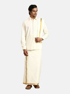 Ramraj Cotton 2 In 1 Set For Mens Readymade Cream Double Layer Pocket Dhoti With 3/4 Inch Golden Jari And Towel