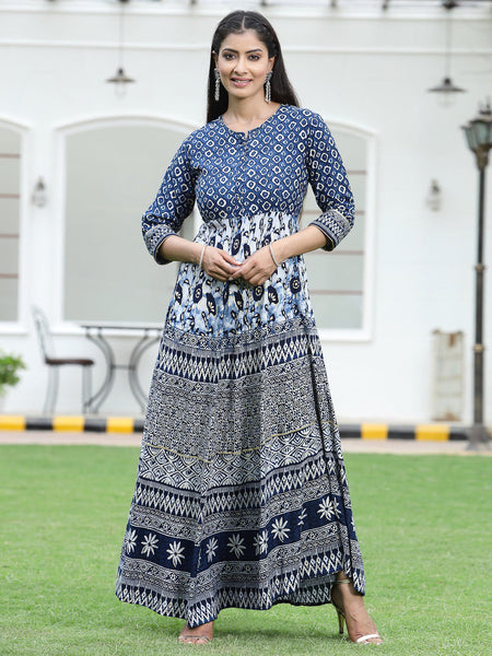Juniper Women's Blue Rayon Printed Flared Dress