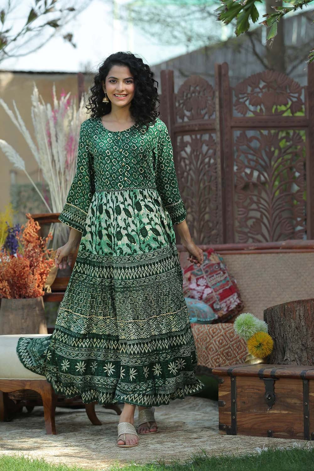 Juniper Women's Green Rayon Printed Flared Dress - Distacart