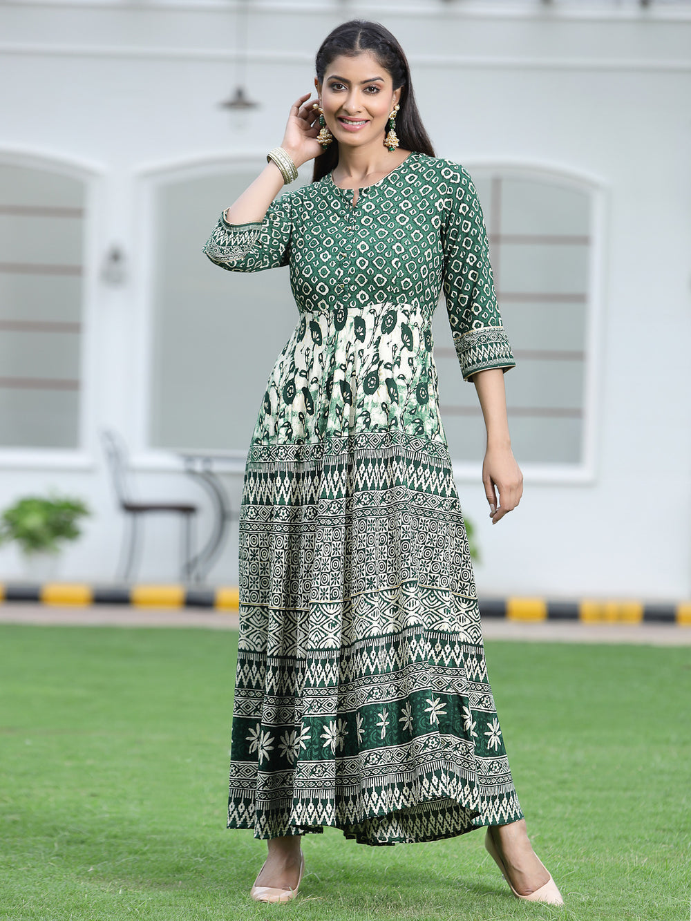 Juniper Women's Green Rayon Printed Flared Dress - Distacart