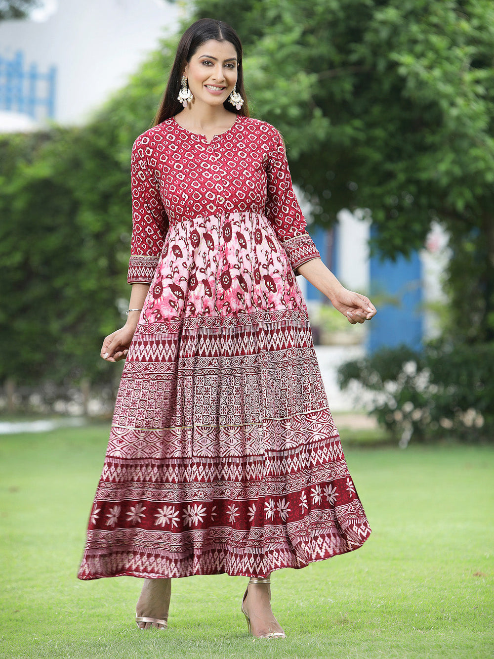 Juniper Women's Maroon Rayon Printed Flared Dress - Distacart