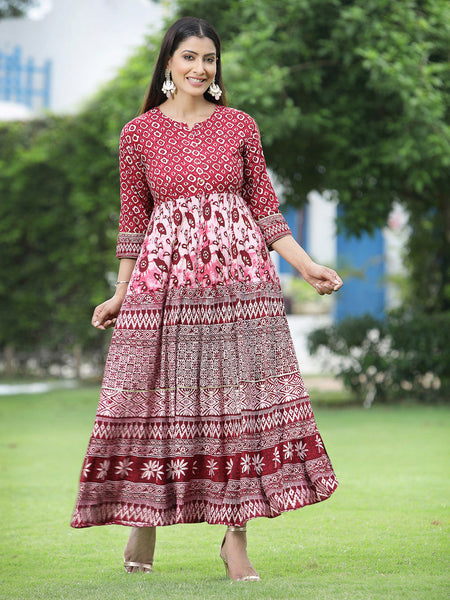 Juniper Women's Maroon Rayon Printed Flared Dress