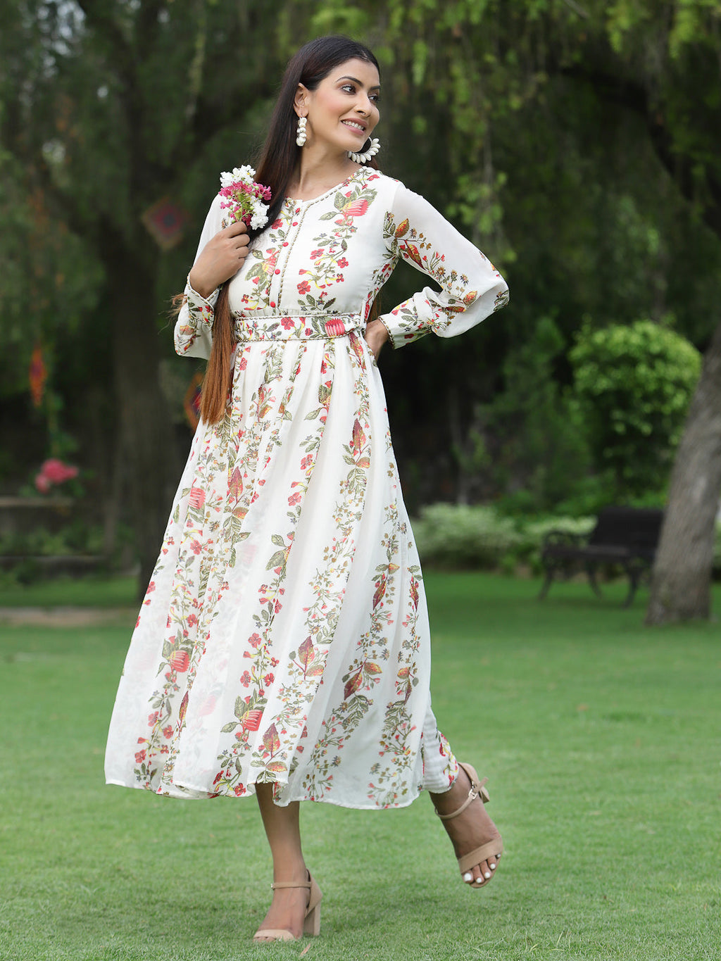 Juniper Womens Off White Floral Printed Maxi Dress With Bead Handwork - Distacart