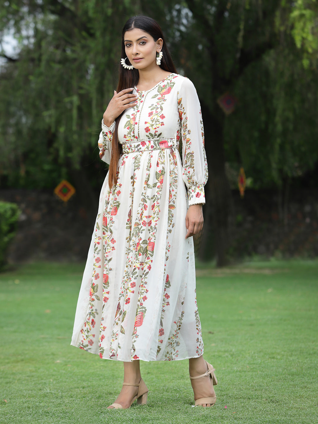 Juniper Womens Off White Floral Printed Maxi Dress With Bead Handwork - Distacart